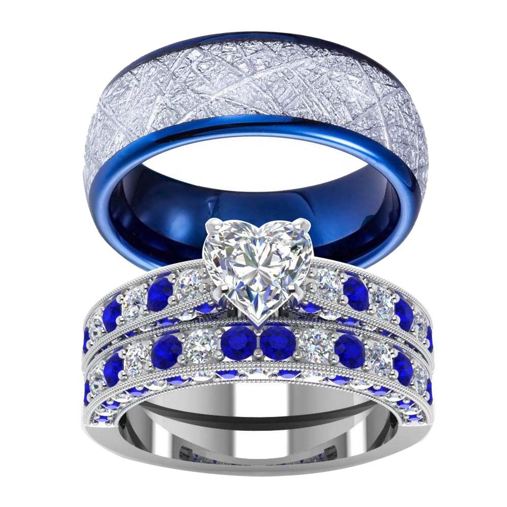 Couples Rings Wedding Ring Sets 10kt White Gold Plated Blue Sapphire Cz