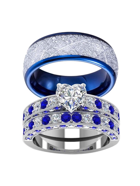 Couples Rings Wedding Ring Sets 10kt White Gold Plated Blue Sapphire Cz Titanium band 3pc