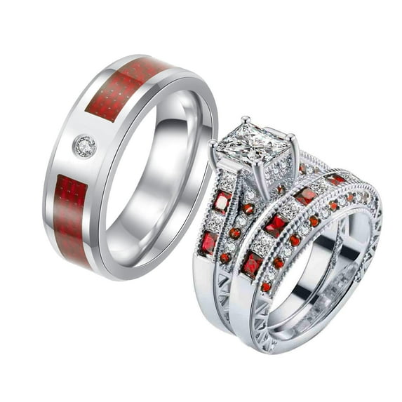 Couples Rings Wedding Ring Sets 10kt White Gold Plated Red Ruby Cz Titanium band 3pc