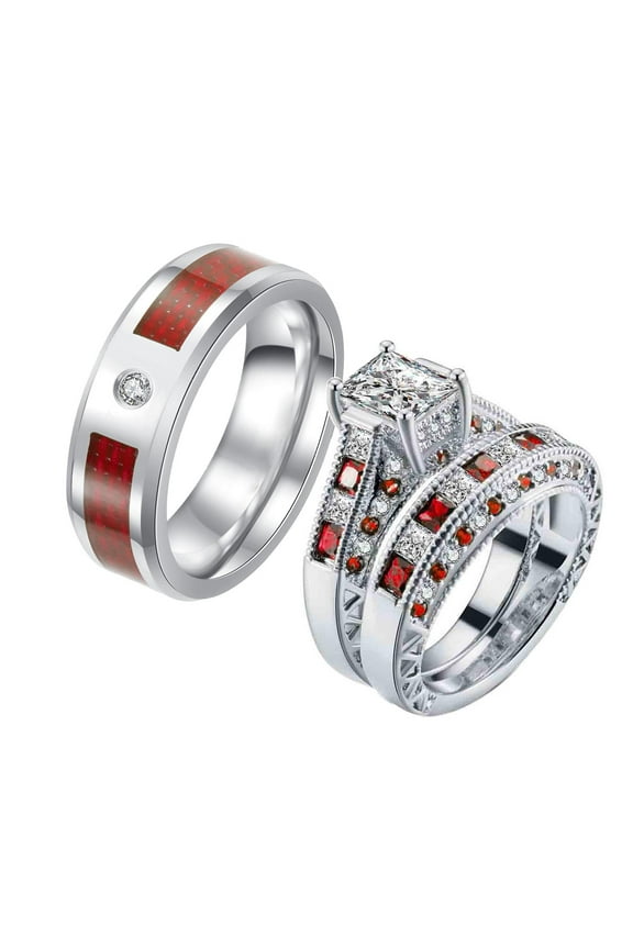 Couples Rings Wedding Ring Sets 10kt White Gold Plated Red Ruby Cz Titanium band 3pc
