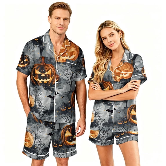 Couples Spooky Halloween Matching Pajamas Set Short Sleeve Button Up Top and Shorts Sleepwear Festive Holiday PJs for Adults