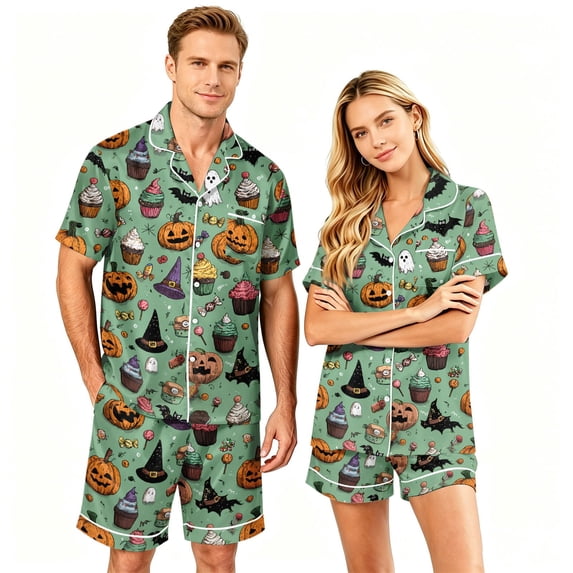 Couples Spooky Halloween Matching Pajamas Set Short Sleeve Button Up Top and Shorts Sleepwear Festive Holiday PJs for Adults
