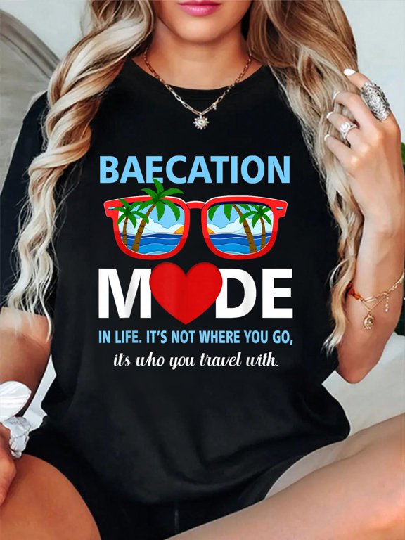 Couples Trip Matching Summer Vacation Baecation Mode-Vibes T-Shirt casual short sleeve crew neck cotton tee tops for women