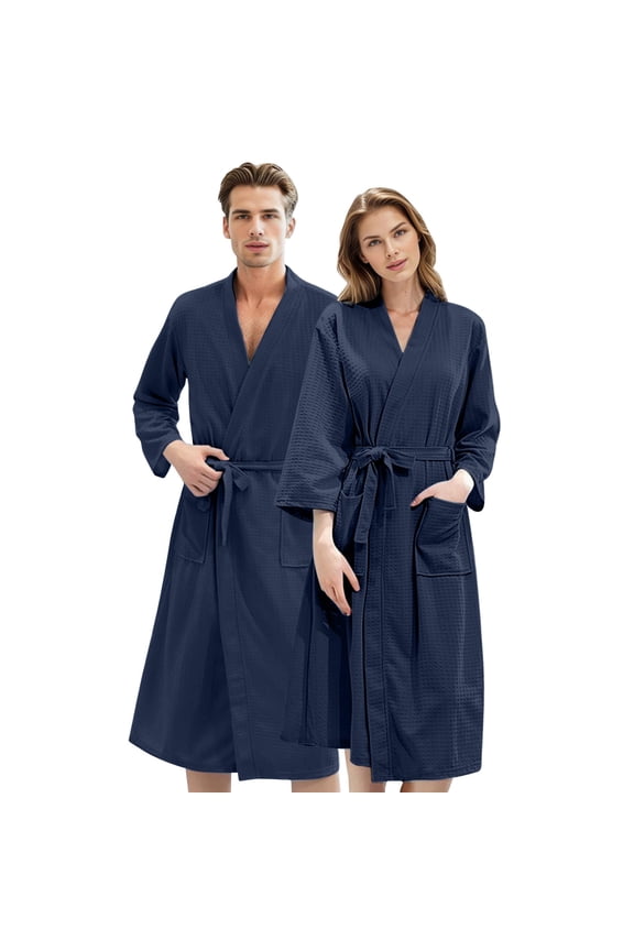 Couples Unisex Waffle Knit Kimono Bathrobe, Lightweight Spa Sauna Robe