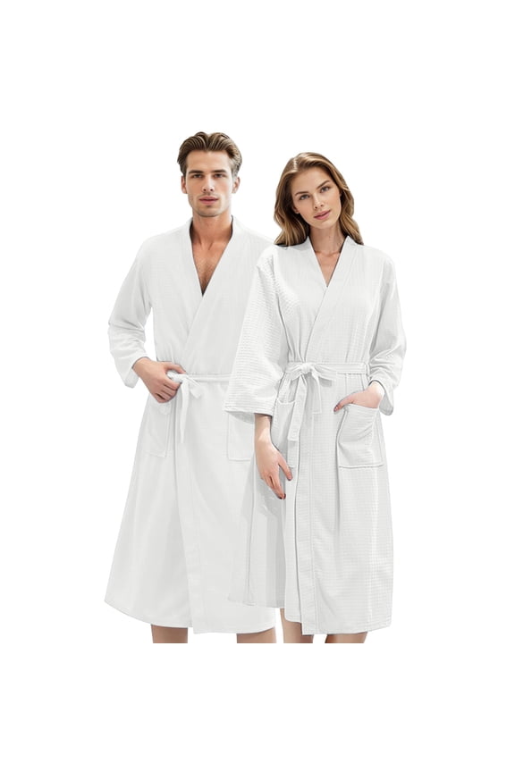 Couples Unisex Waffle Knit Kimono Bathrobe, Lightweight Spa Sauna Robe