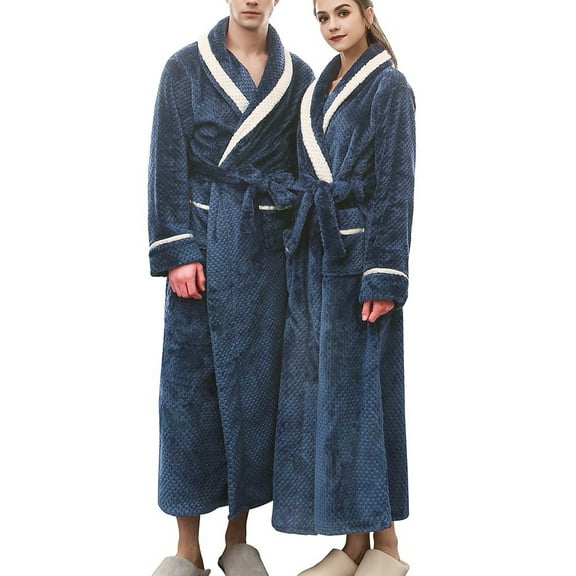 Couples Winter Lengthened Spliced Bathrobe - Long Sleeve Warm Homewear, Navy Blue, XXXL