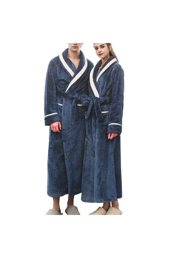 Couples Winter Lengthened Spliced Bathrobe - Long Sleeve Warm Homewear, Navy Blue, XXXL