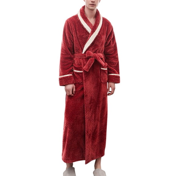 Couples Winter Lengthened Spliced Bathrobe - Long Sleeve Warm Homewear, Reddish Brown, M