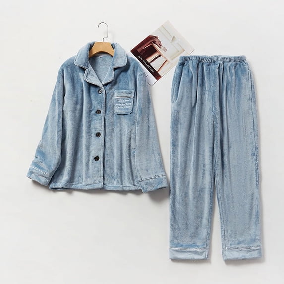 Couples flannel pajamas for men and women autumn and winter coral fleece thickened home clothes warm embroidery set Blue L