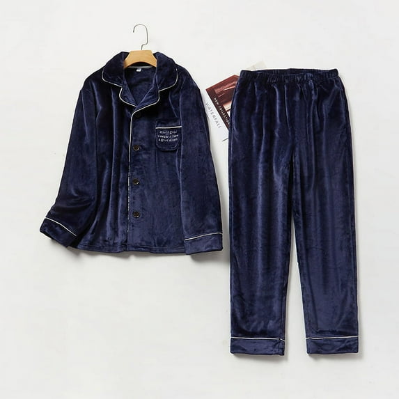 Couples flannel pajamas for men and women autumn and winter coral fleece thickened home clothes warm embroidery set Navy Blue XXL
