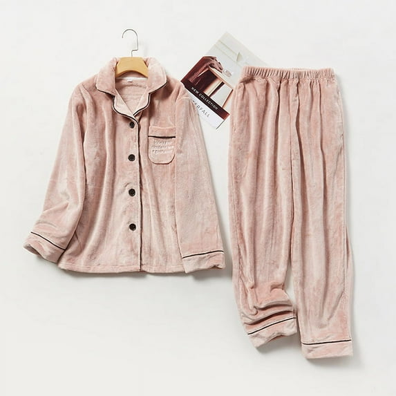 Couples flannel pajamas for men and women autumn and winter coral fleece thickened home clothes warm embroidery set Pink L