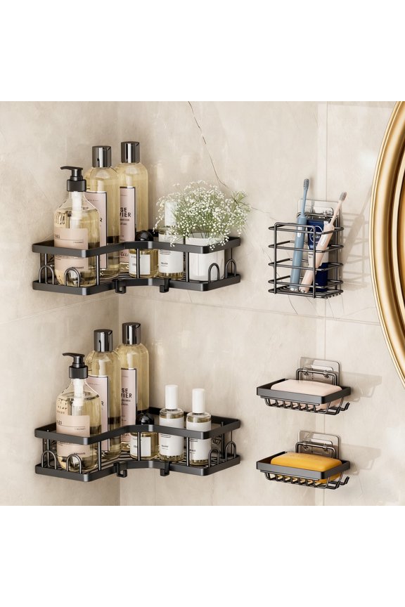 5-Piece Corner Shower Caddy Set -Includes Corner Shelf, Soap Holder, Toothbrush Holder, Strong Load-Bearing Without Drilling
