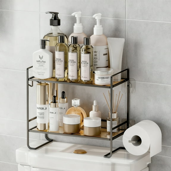 Couradric Over the Toilet Storage Cabinet , No Drill Stand/Hang Bathroom Organizer, 2-Tier ,Black