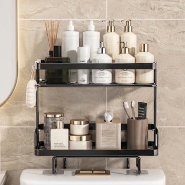 Couradric Over the Toilet Storage Shelf , Bathroom Organizer,2-Tier Space Saver, No Drill Stand/Hang,Black