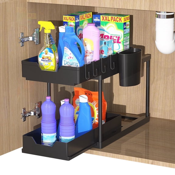 Couradric Under Sink Organizer - 2-Tier Slide-Out,Rust-Resistant Steel Bathroom & Kitchen Cabinet Organizer, Space Saving Storage Solution