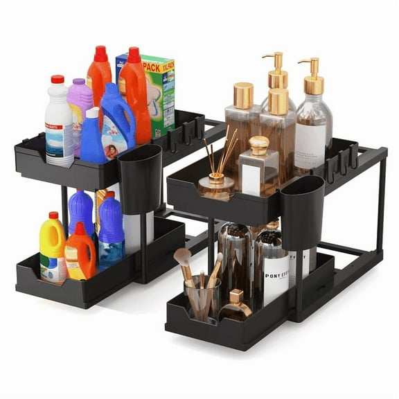 Couradric Under Sink Organizer ,2-Pack ,2-Tier Slide-Out,Rust-Resistant Steel Bathroom & Kitchen Cabinet Organizer, Space Saving Storage Solution