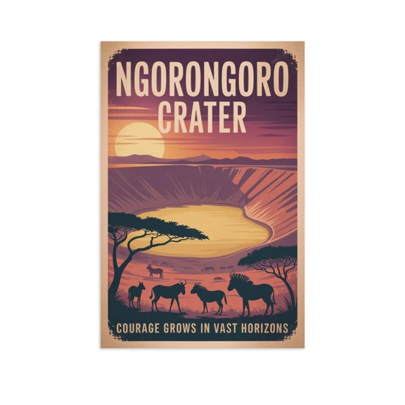 Courage Grows in Vast Horizons Ngorongoro Crater Retro Travel Poster Vintage Inspirational Wall Art Print for Meditation Room Library Classroom Canvas Poster