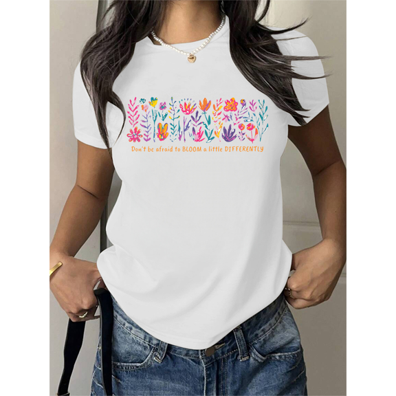 Courageous Bloom Differently Affirmation s Unique Growth Graphic s Embrace Individuality Self Expression Design Flower Short Sleeve Tops popular round-neck retro White,XL