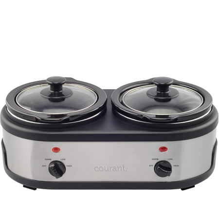 Courant 3.2-Quart Double Slow Cooker(1.6-Qt each) w/ Warm Settings, Stainproof Stoneware Pots and Glass Lids – Stainless Steel