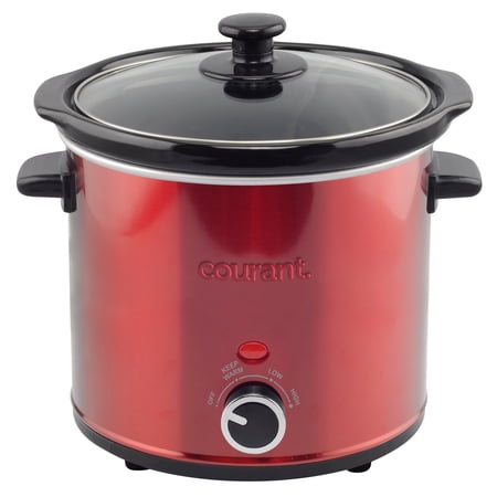 Courant Slow Cooker 3.2 Quart Crock Dishwasher Safe Stainproof Pot and Glass Lid, Round Manual Slow Cooker, Red Stainless Steel