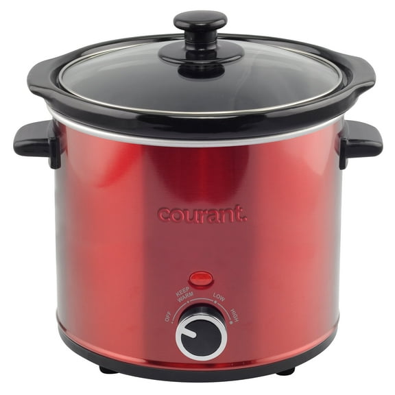 Courant Slow Cooker 3.2 Quart Crock Dishwasher Safe Stainproof Pot and Glass Lid, Round Manual Slow Cooker, Red Stainless Steel