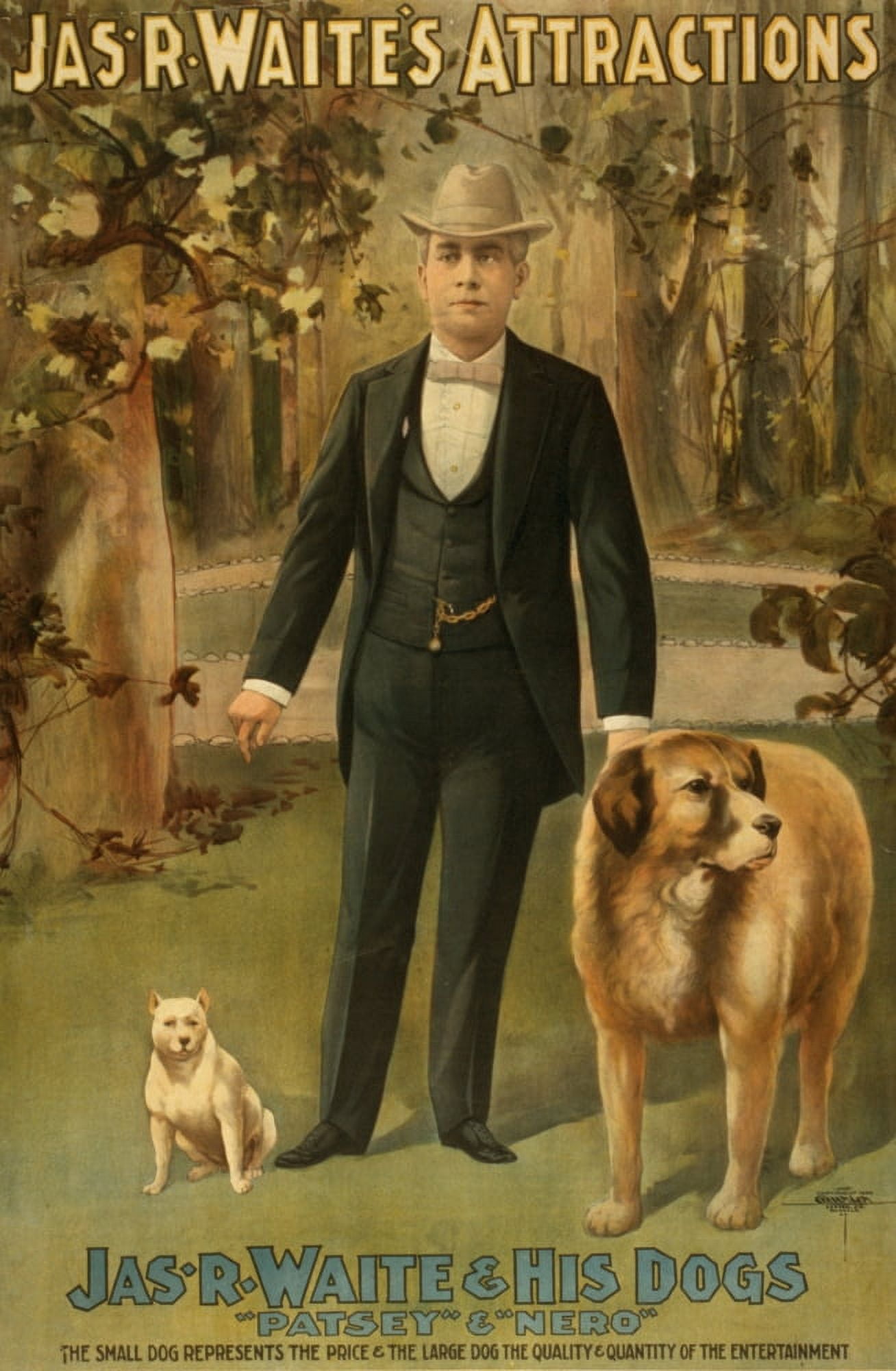 Courier Litho Co Jas R Waites attractions 1899 Big dog little dog Canvas Art - Courier Litho Co (18 x 24)