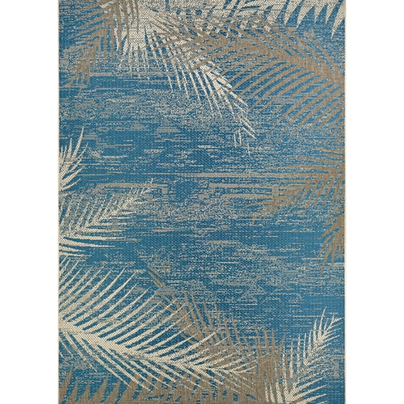3.75' x 5.4' Blue and Beige Tropical Palms Rectangular Outdoor Area Throw Rug