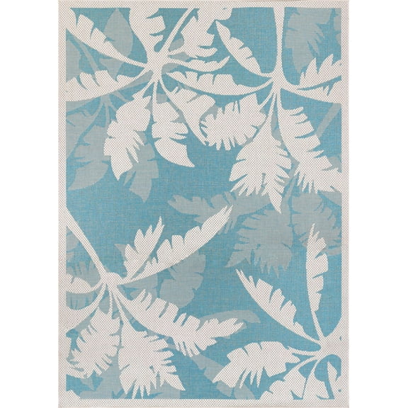 5.25' x 7.5' Ivory and Turquoise Blue Contemporary Rectangular Outdoor Area Throw Rug