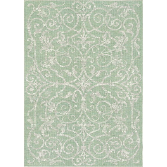 Couristan 5.8' x 9.1' Green and Ivory Traditional Rectangular Outdoor Area Throw Rug