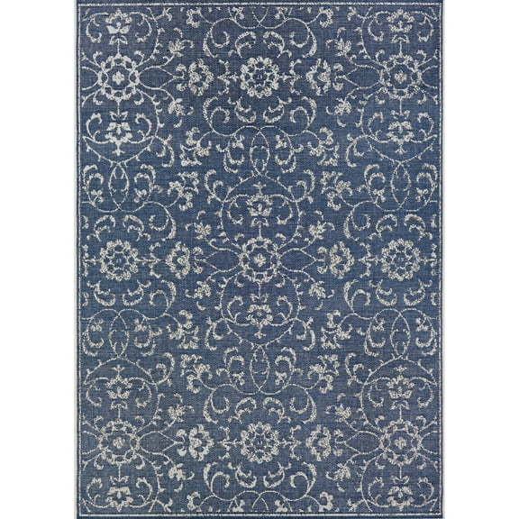 Couristan 8.5' x 13' Navy Blue and Ivory Floral Rectangular Outdoor Area Throw Rug