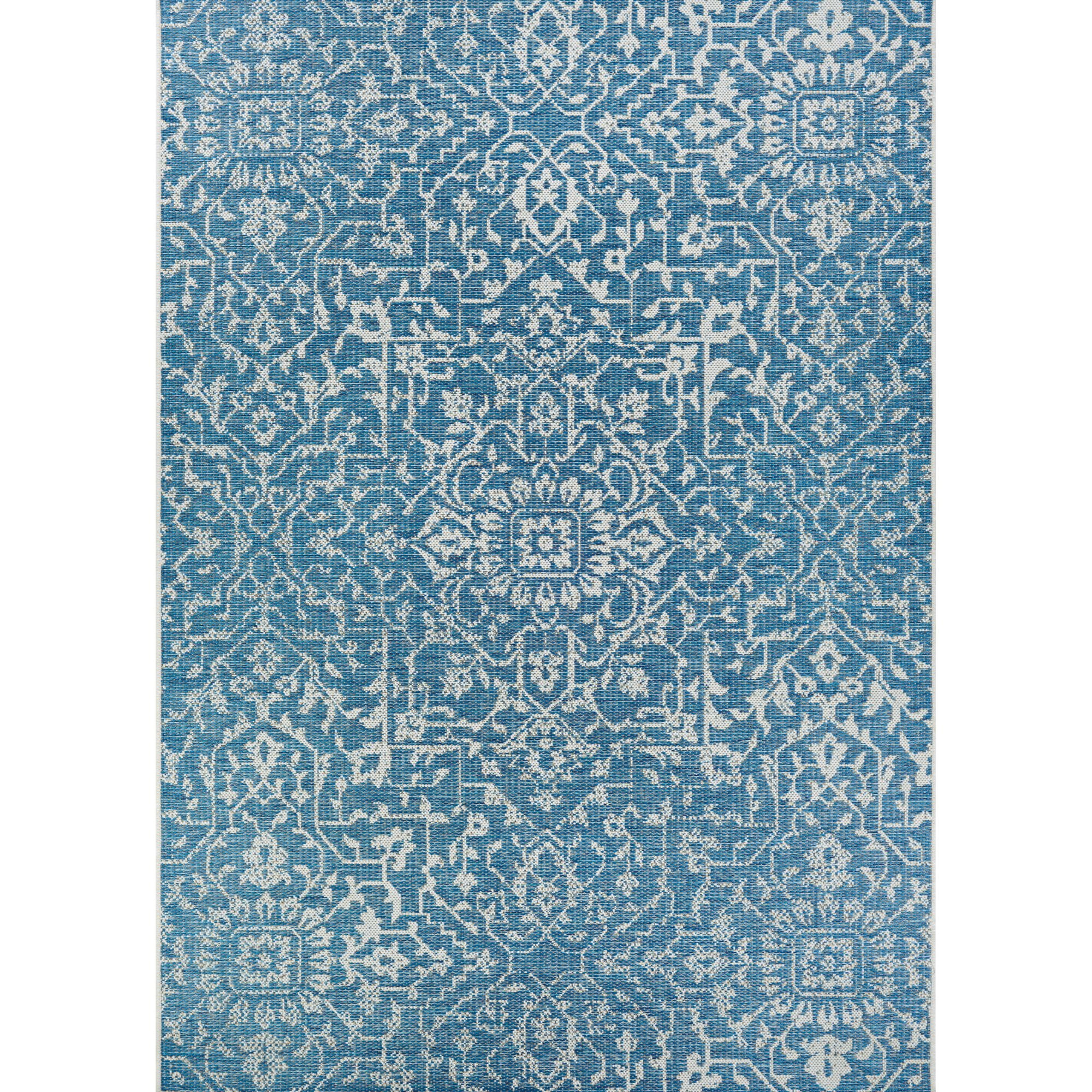 Marseille Ivory and Ocean Blue Flatweave 8.5' x 13' Outdoor Rug
