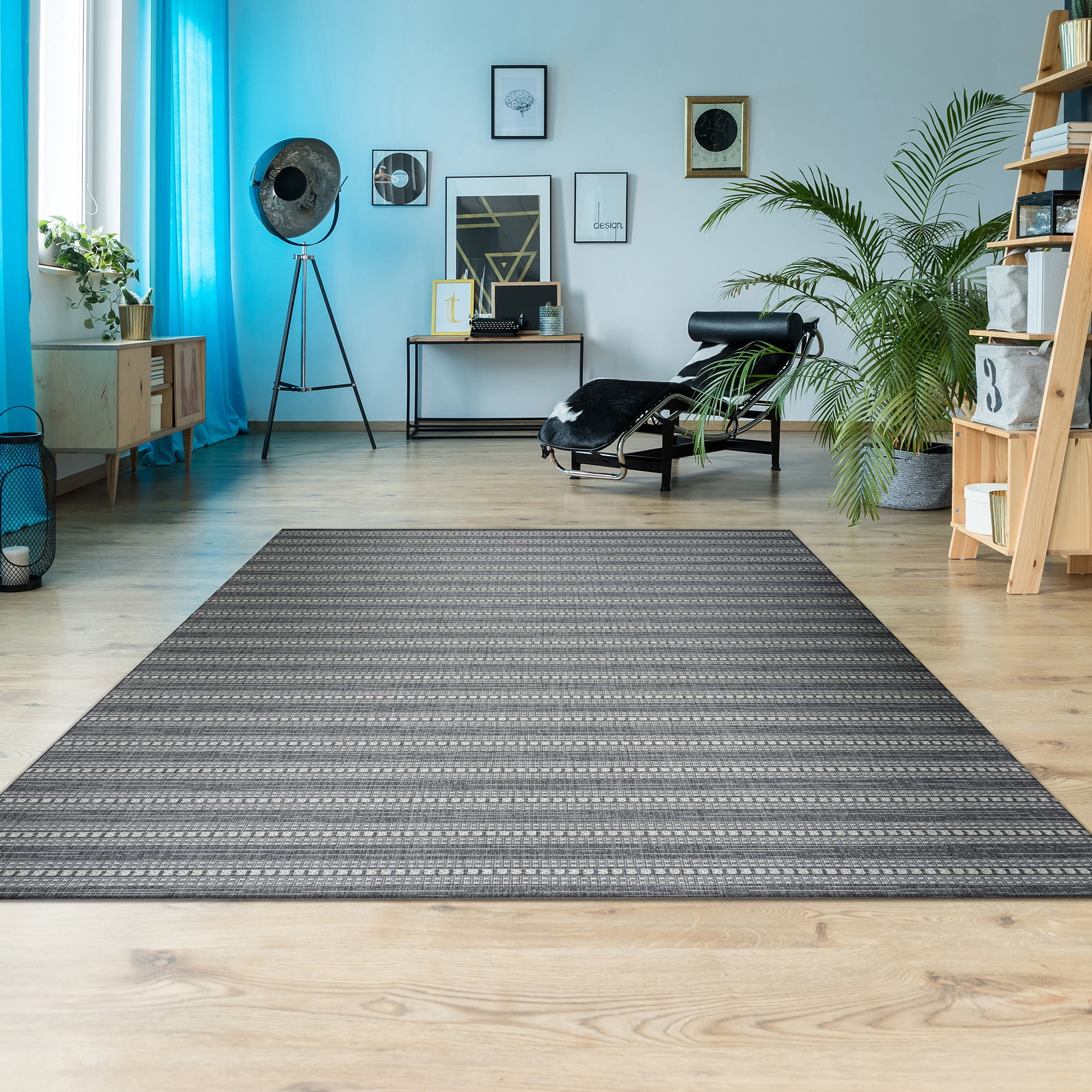 Anthracite and Sand Striped Synthetic Outdoor Rug 5'3" x 7'6"