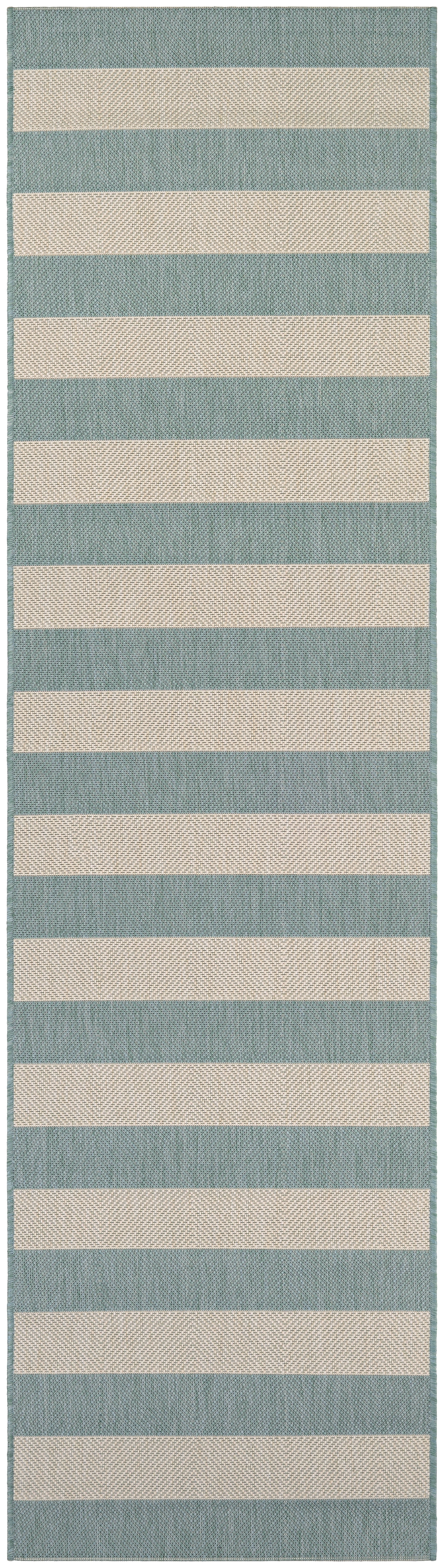 Sea Mist and Ivory Striped Outdoor Runner Rug, 2'2" x 7'10"