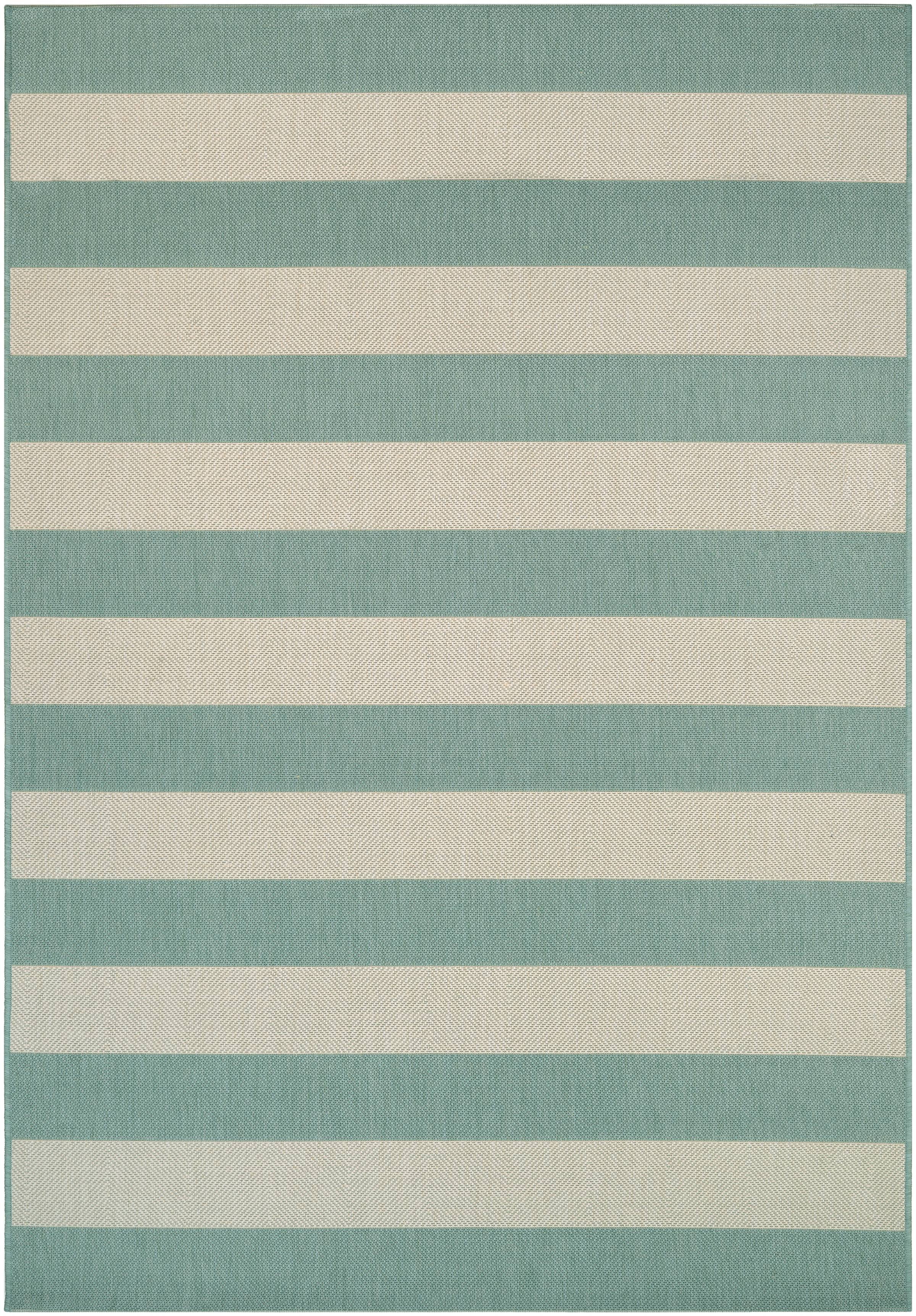 Sea Mist and Ivory Stripe Synthetic Outdoor Rug