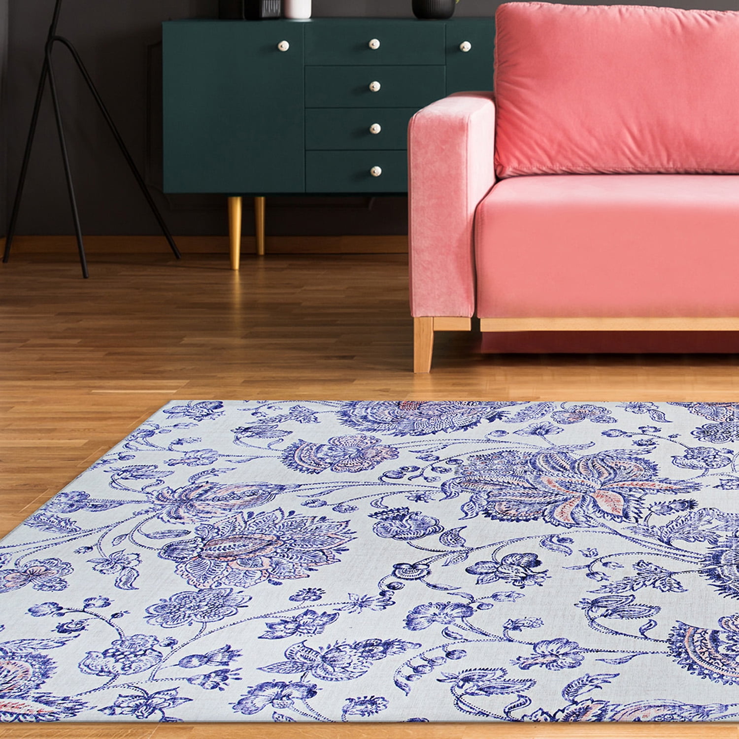 Ivory and Blue Floral Synthetic Runner Rug
