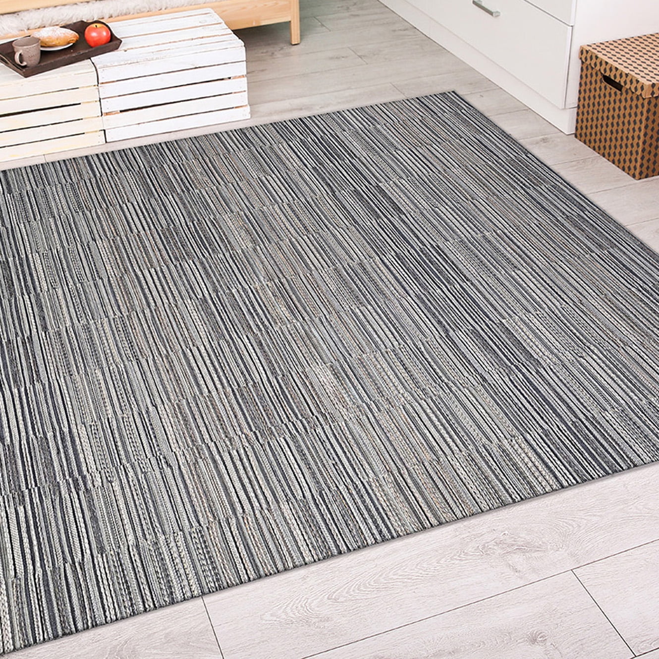 Silver and Charcoal Flat Woven Wool and Synthetic Rug