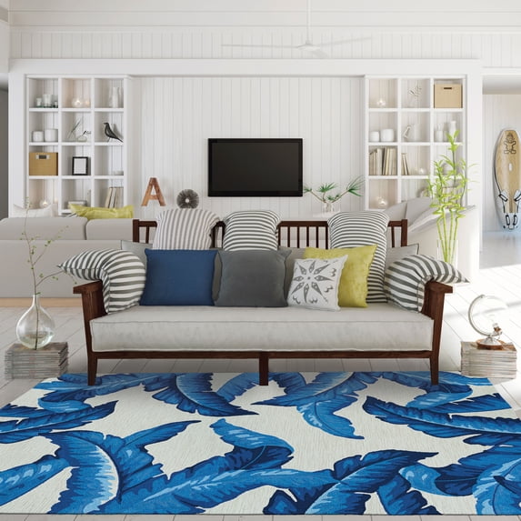 Couristan Covington Palm Leaves 2' x 8' Blue Floral Outdoor Rug