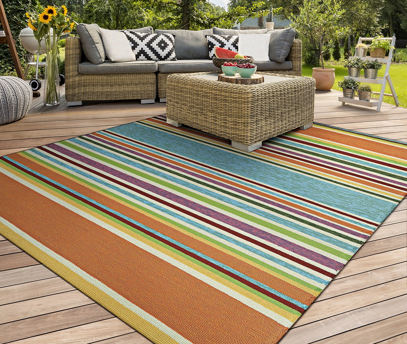 Blue Stripe Round Synthetic Reversible Washable Rug