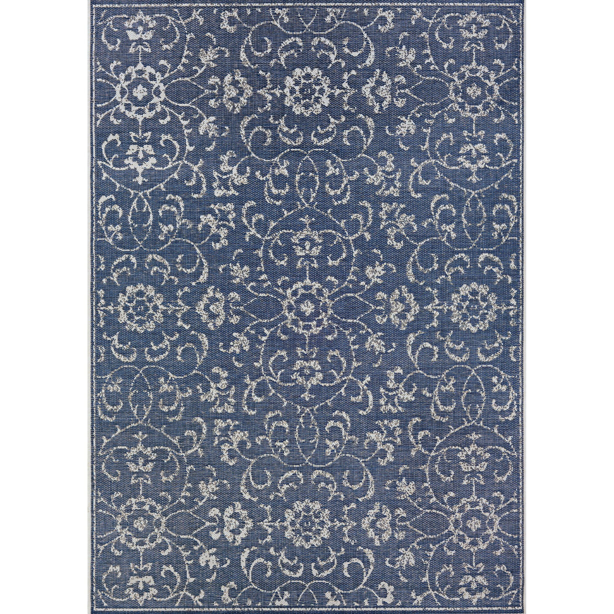 Navy and Ivory Floral Flatwoven Rectangular Area Rug