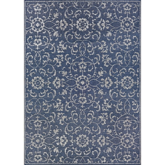 5.1' x 9.2' Navy Blue and Ivory Floral Rectangular Outdoor Area Throw Rug