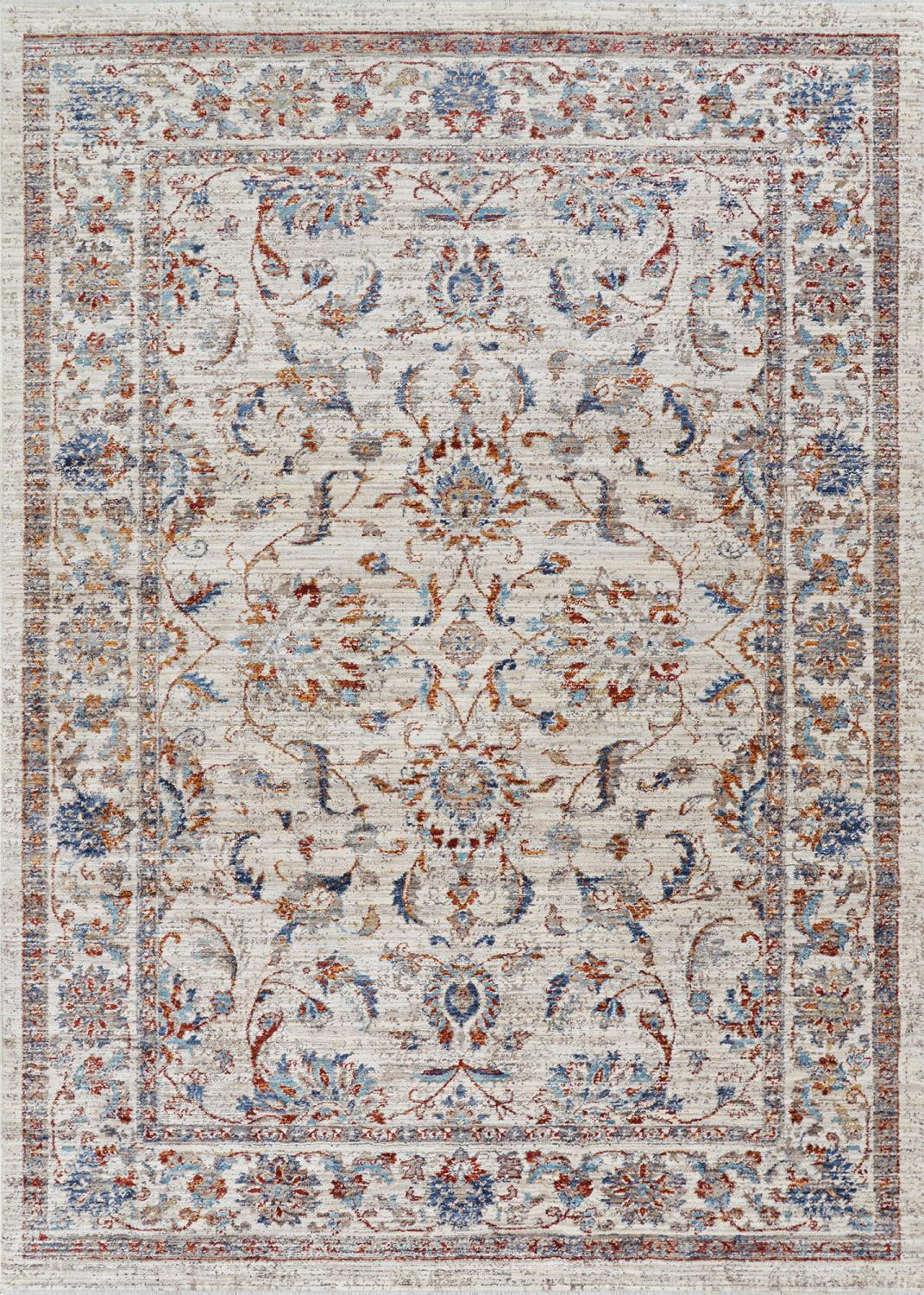 Antique Cream and Blue Polyester Handmade Persian-Inspired Rug, Over 9' x 12'
