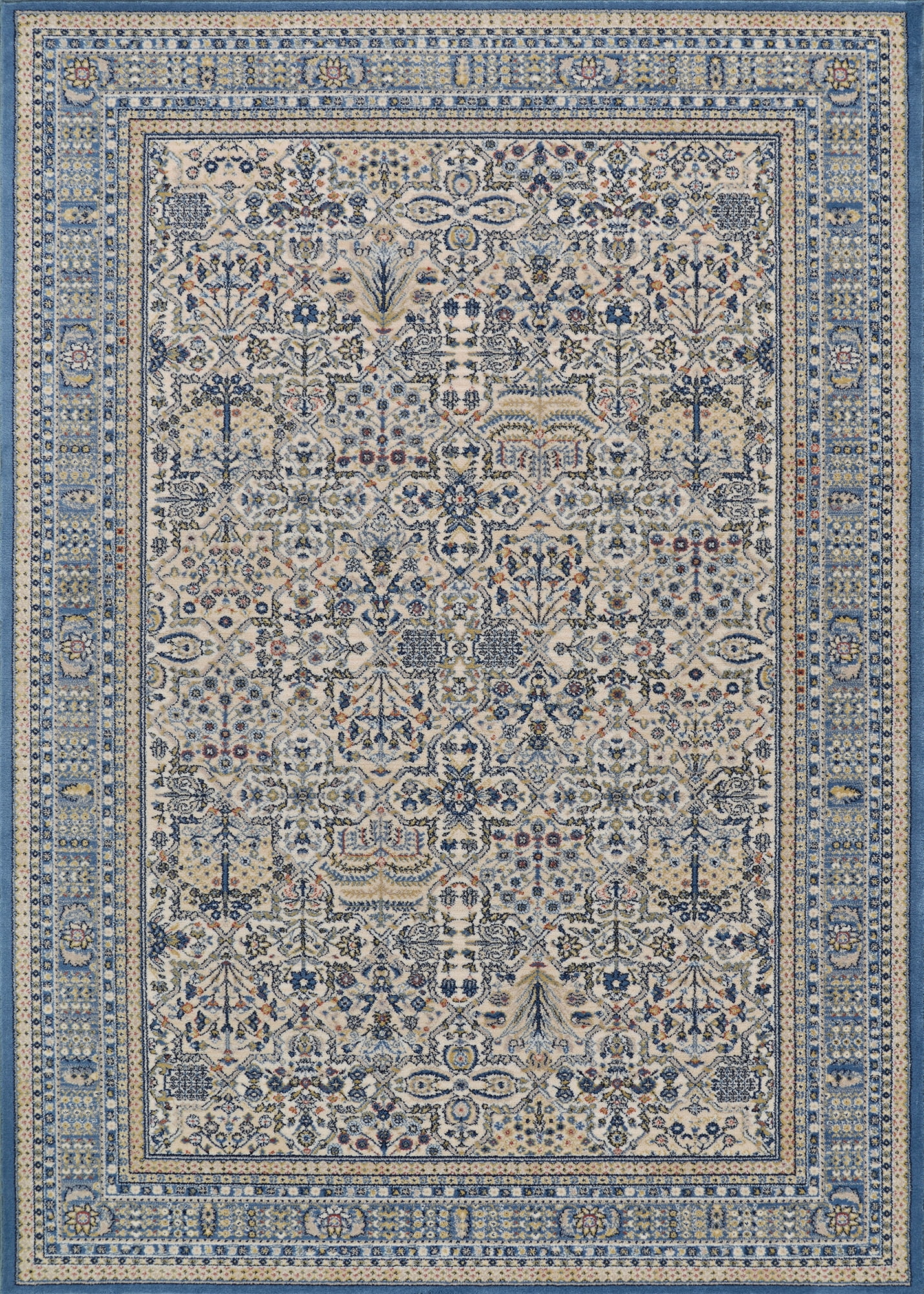Antique Cream and Blue Wool Area Rug, 5'3" x 7'6"