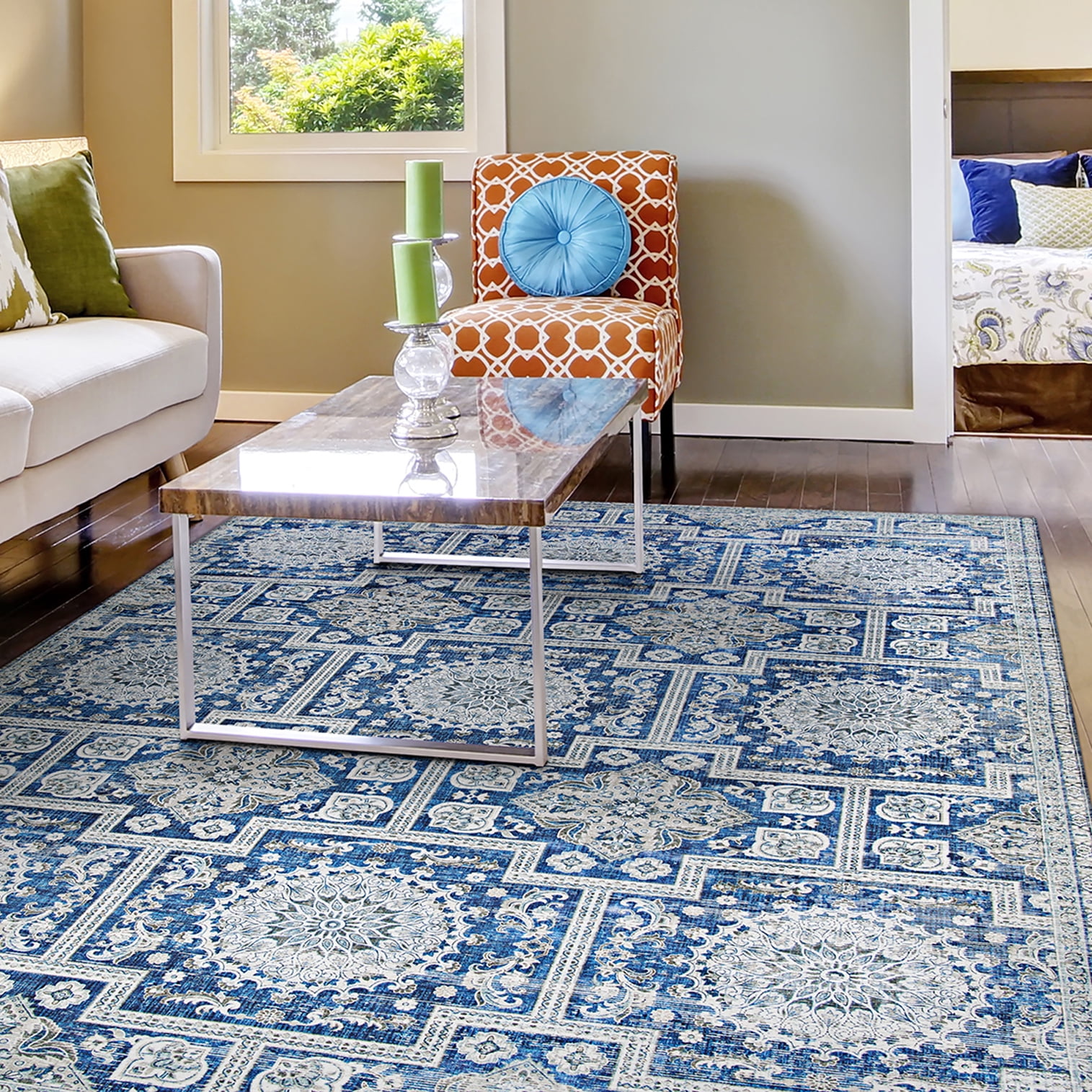 Sapphire Blue Rectangular Synthetic Area Rug 5' x 8'