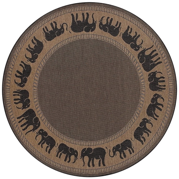 Couristan 8.5' Brown and Black Round Polypropylene Area Throw Rug with Elephant Design