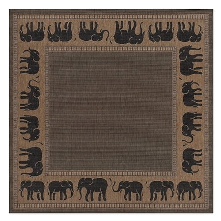 Couristan 8.5' Brown and Black Square Polypropylene Area Throw Rug with Elephant Design