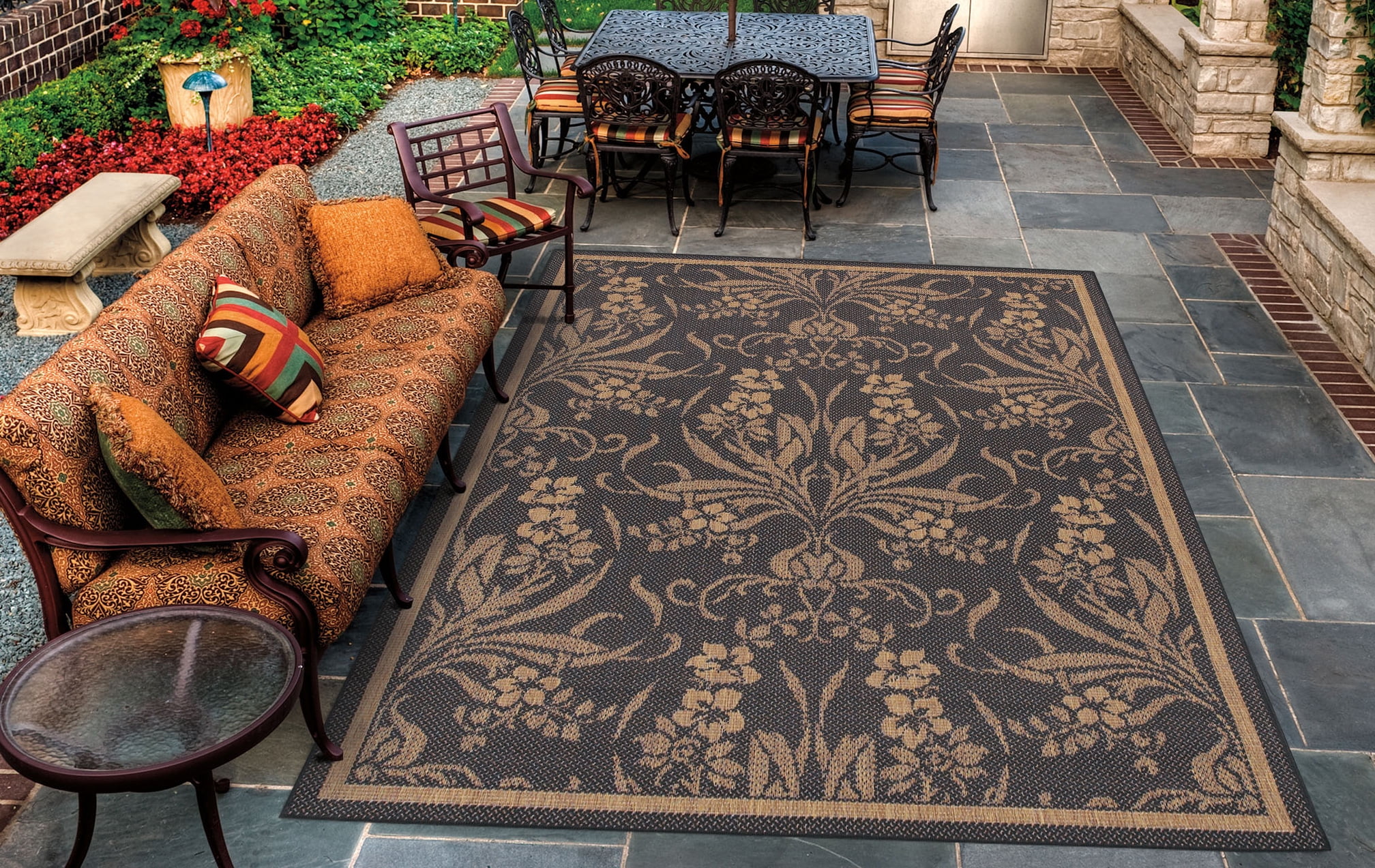 Couristan Recife Garden Cottage Indoor / Outdoor Area Rug, Black- Cocoa, 5'3" x 7'6"