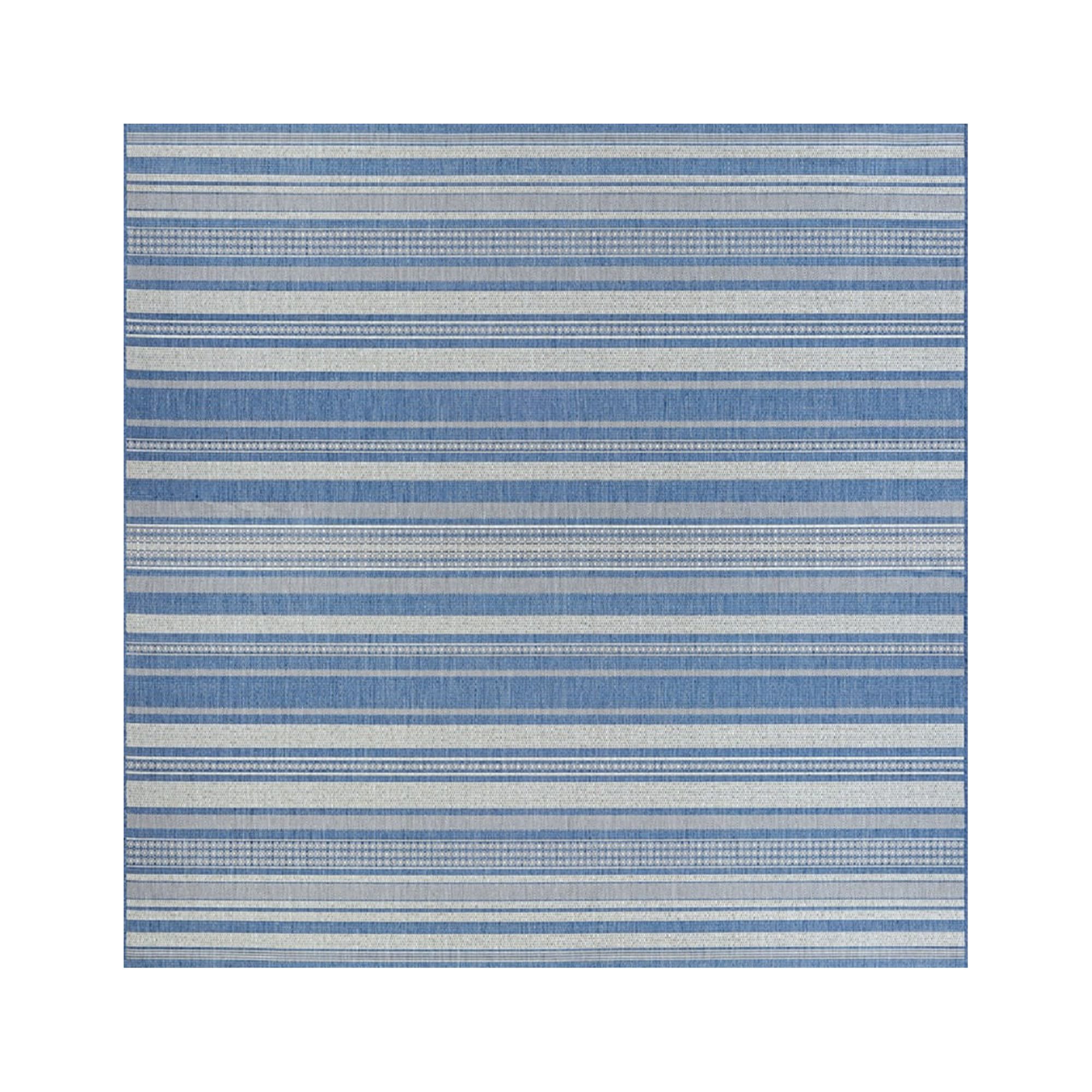 Couristan 8.5' x 8.5' Striped Indoor Outdoor Square Area Throw Rug - Blue and White