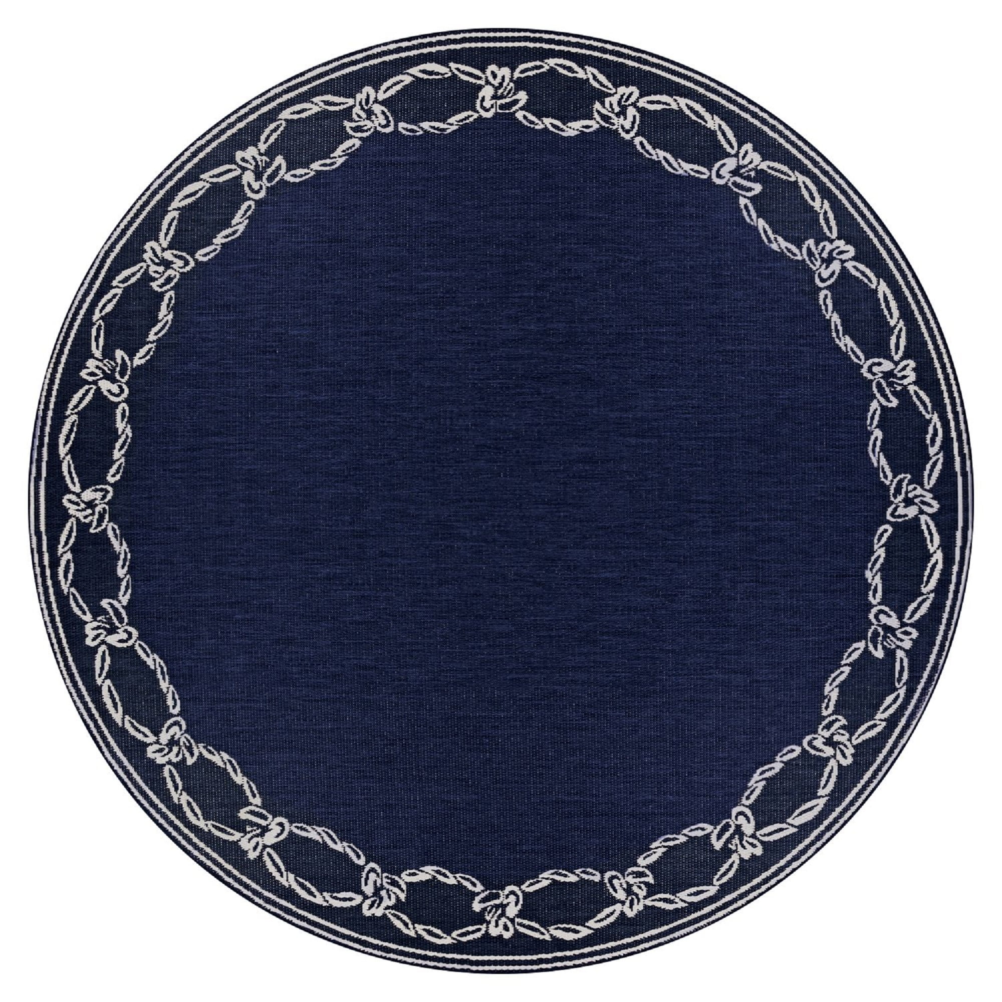 Ivory and Indigo Round Synthetic Indoor/Outdoor Area Rug