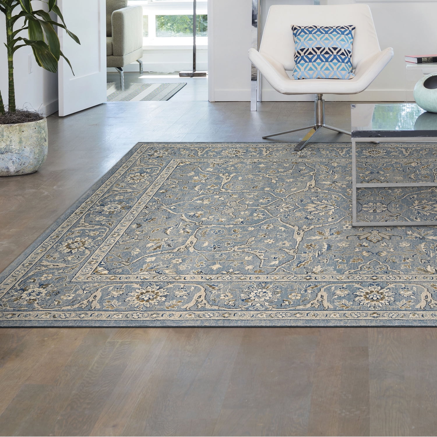 Slate Blue Persian-Inspired Wool and Synthetic Area Rug 3'11" x 5'3"