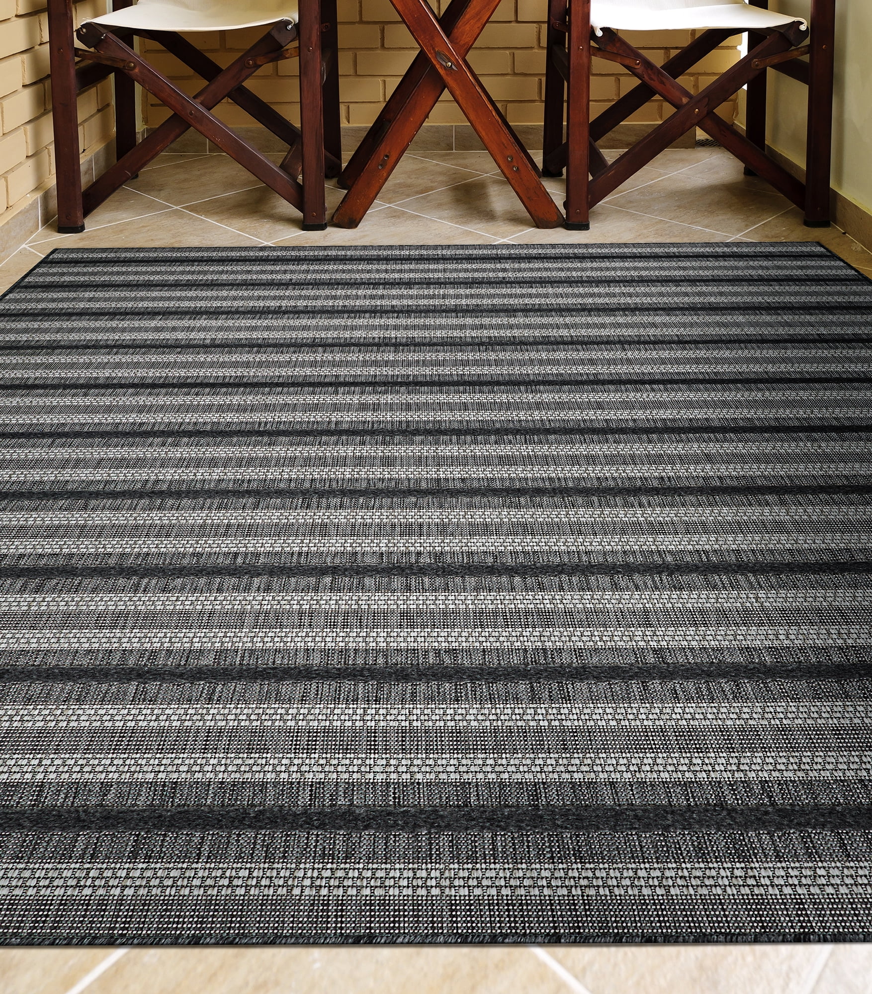 Veranda Gray and Black Striped Synthetic Runner Rug